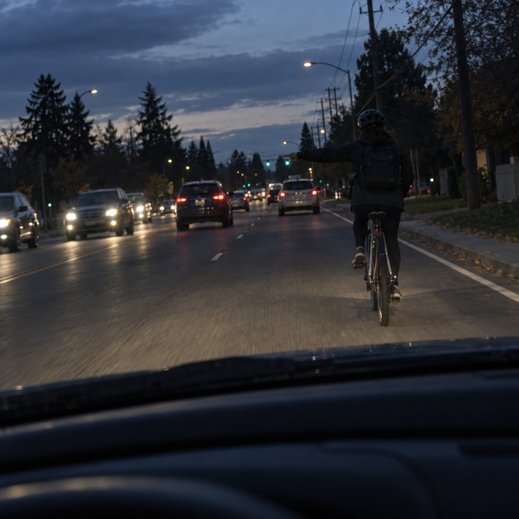 Driver can't see a cyclist's hand signal at dusk