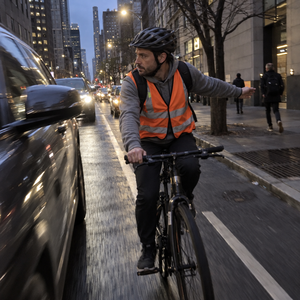 Cyclist signaling with one hand off the handlebar in traffic