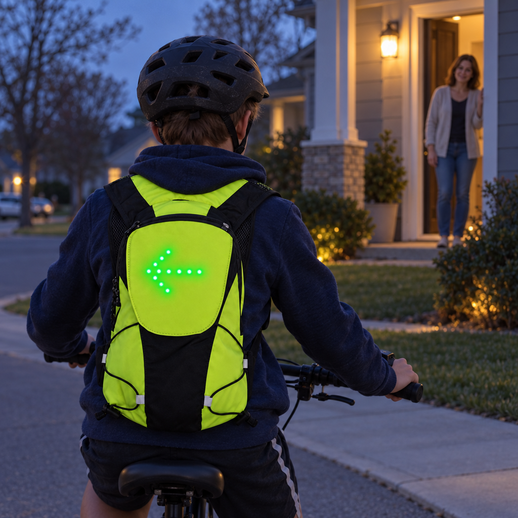 Kid riding home with the LED turn-signal backpack showing a left arrow